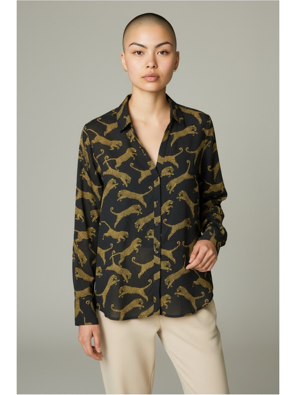 Worthington XL Leopard Print Blouse Black Gold Tie Neck Long Sleeve Career Top